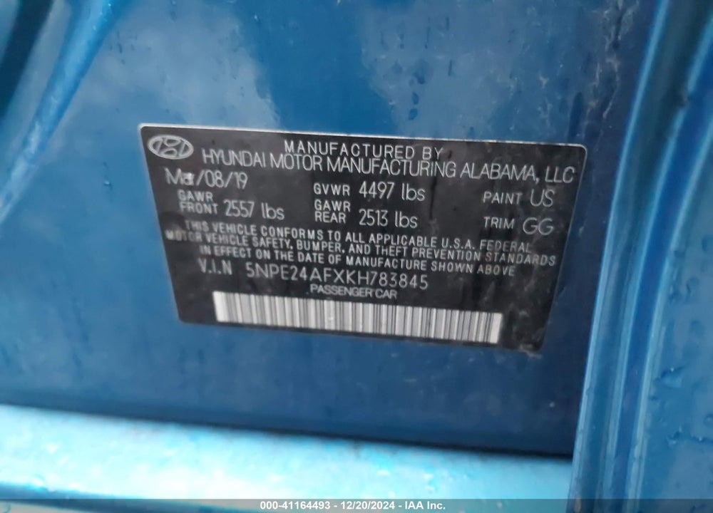 2019 HYUNDAI SONATA VIN: 5NPE24AFXKH783845