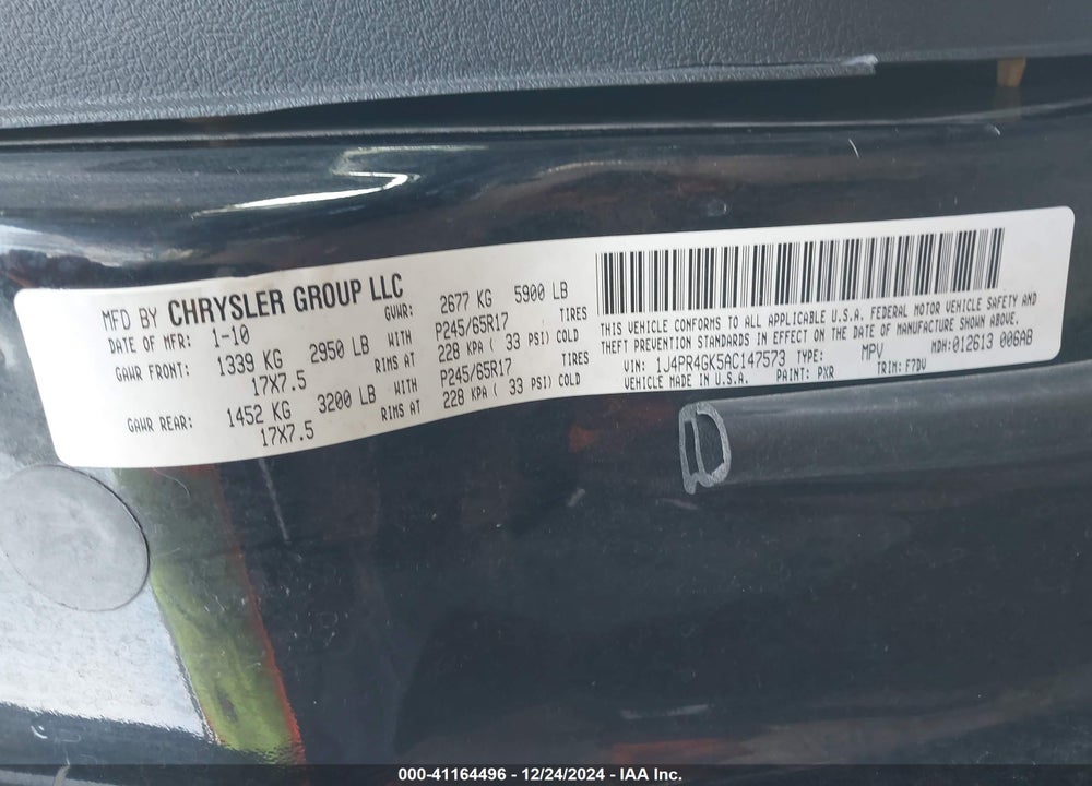 2010 JEEP GRAND CHEROKEE LAREDO VIN: 1J4PR4GK5AC147573