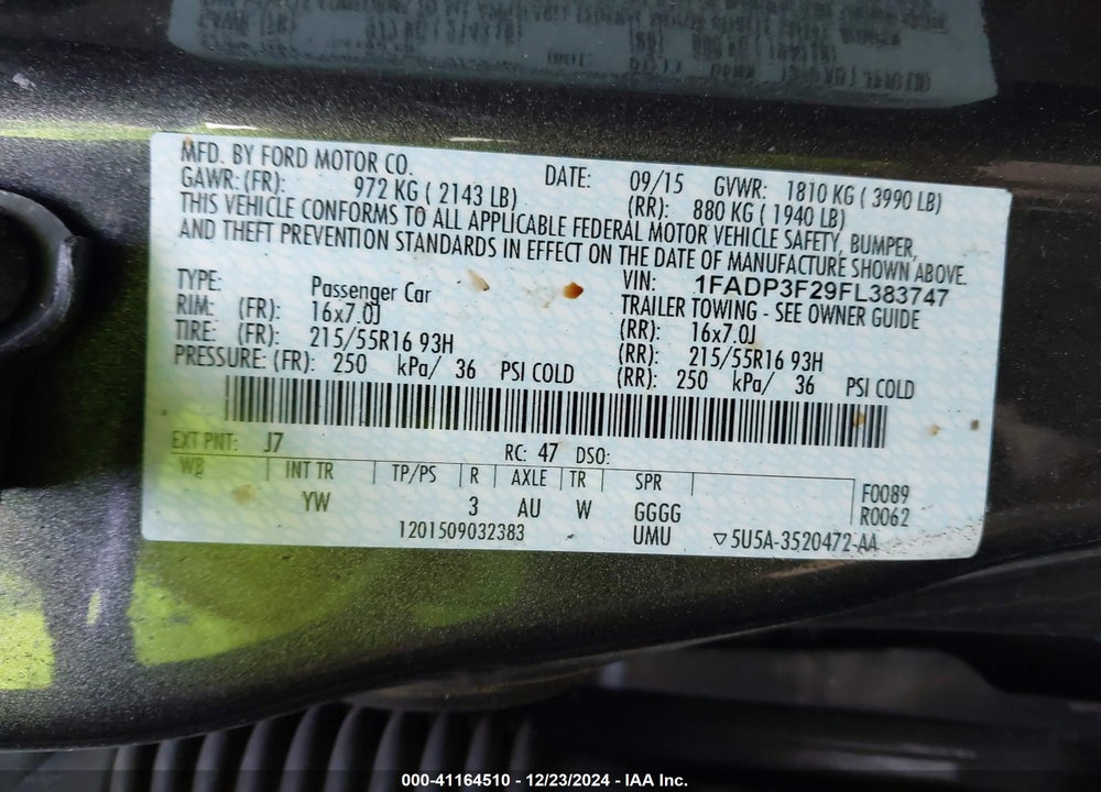 2015 FORD FOCUS SE VIN: 1FADP3F29FL383747