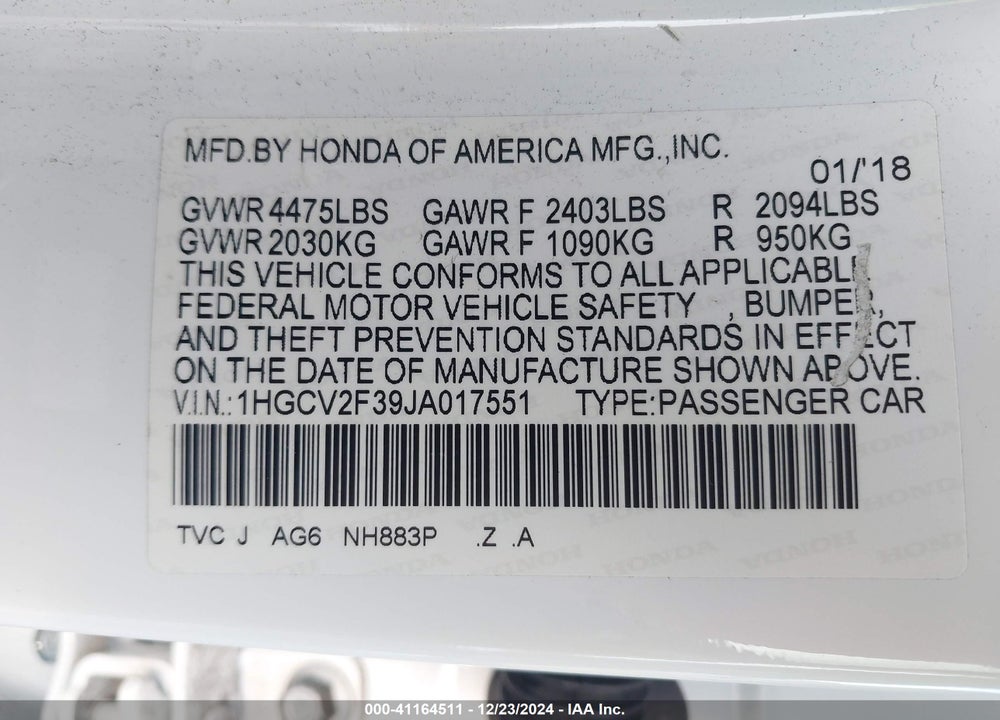 2018 HONDA ACCORD VIN: 1HGCV2F39JA017551