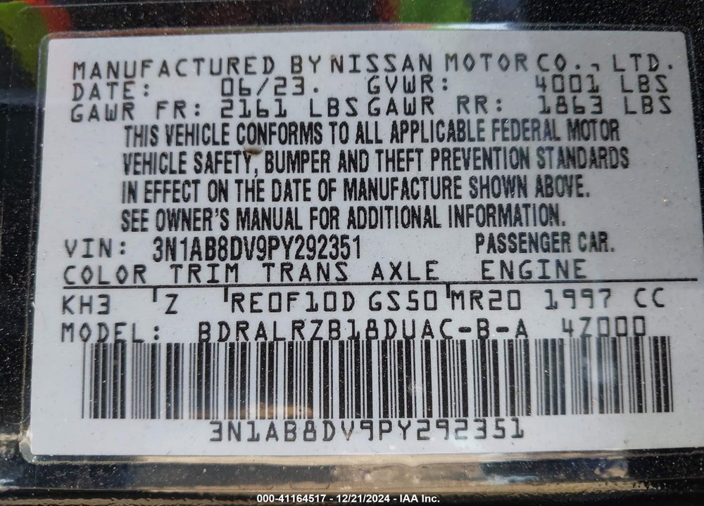 2023 NISSAN SENTRA VIN: 3N1AB8DV9PY292351