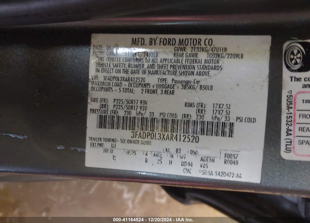 2010 FORD FUSION VIN: 3FADP0L3XAR412520
