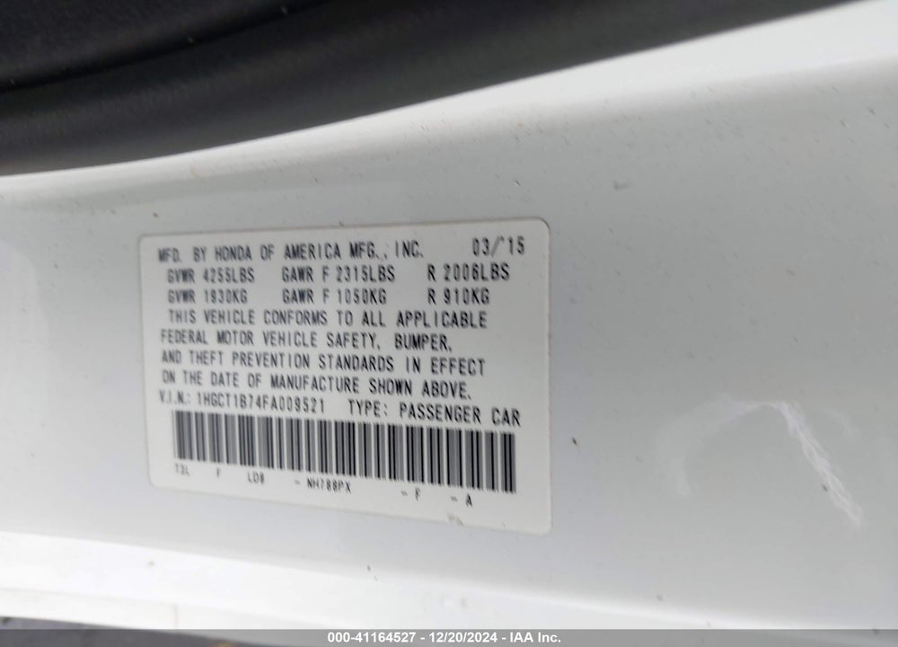 2015 HONDA ACCORD EX VIN: 1HGCT1B74FA009521