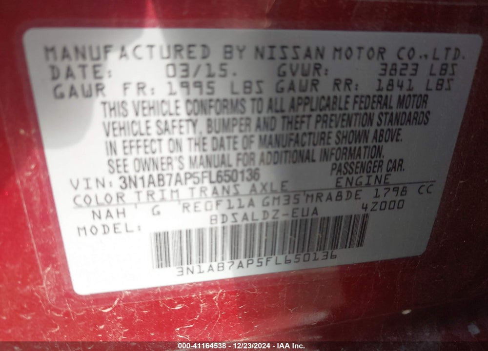 2015 NISSAN SENTRA SV VIN: 3N1AB7AP5FL650136