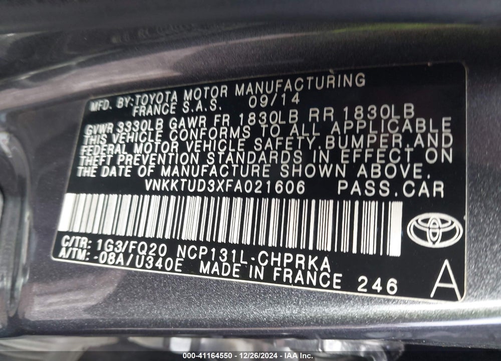2015 TOYOTA YARIS VIN: VNKKTUD3XFA021606