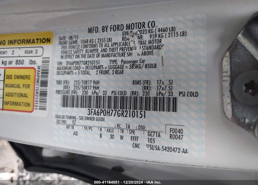 2016 FORD FUSION SE VIN: 3FA6P0H77GR210151