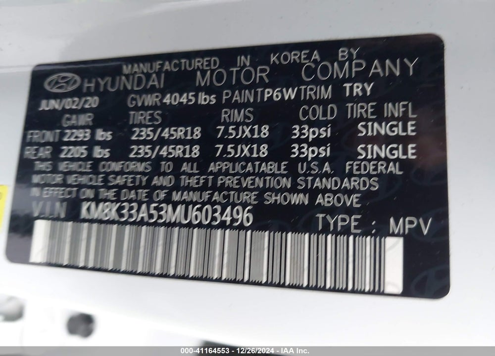 2021 HYUNDAI KONA LIMITED VIN: KM8K33A53MU603496