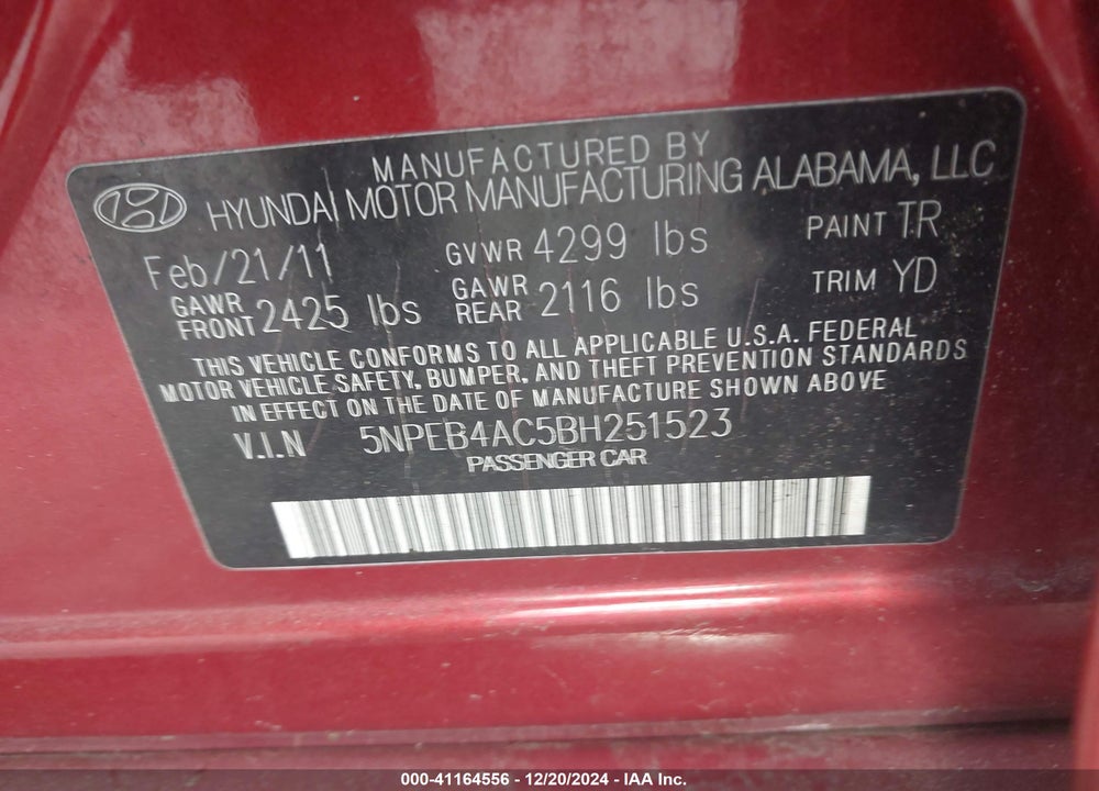 2011 HYUNDAI SONATA VIN: 5NPEB4AC5BH251523