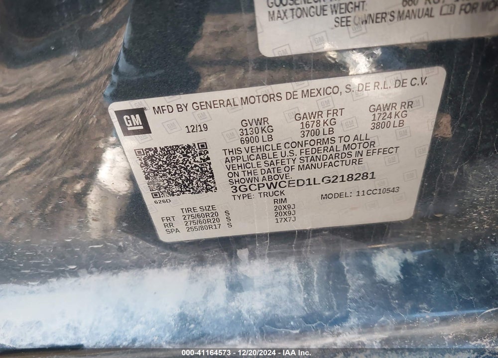 2020 CHEVROLET SILVERADO VIN: 3GCPWCED1LG218281