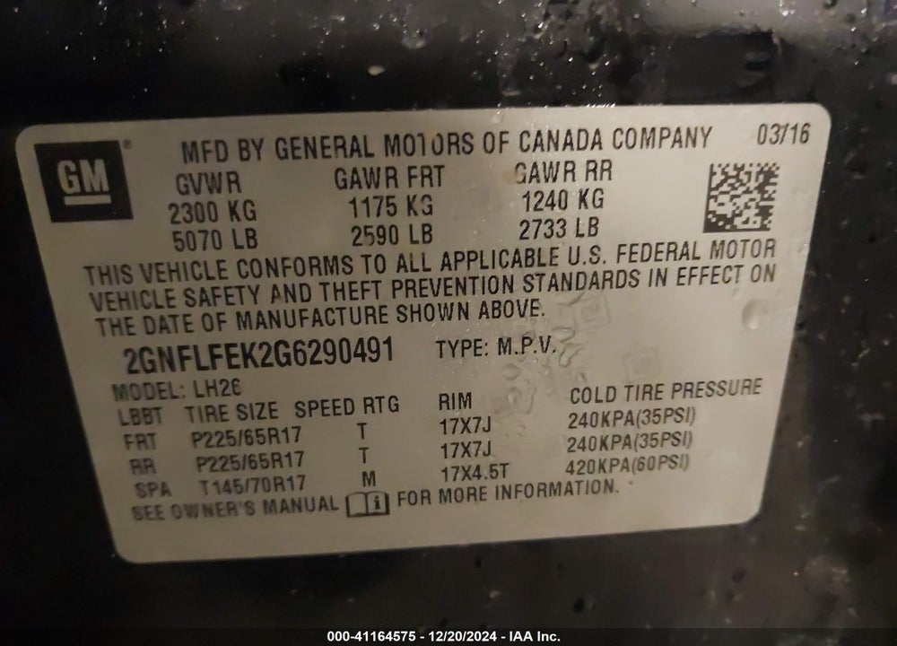 2016 CHEVROLET EQUINOX LT VIN: 2GNFLFEK2G6290491