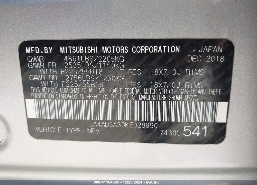 2019 MITSUBISHI OUTLANDER LE VIN: JA4AD3A39KZ028990