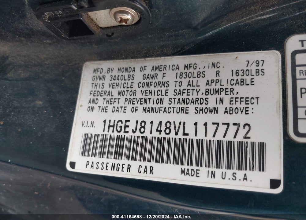 1997 HONDA CIVIC EX VIN: 1HGEJ8148VL117772
