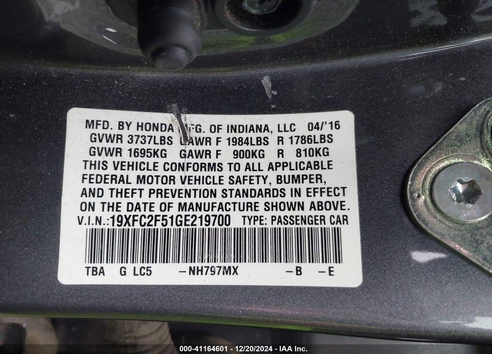 2016 HONDA CIVIC VIN: 19XFC2F51GE219700