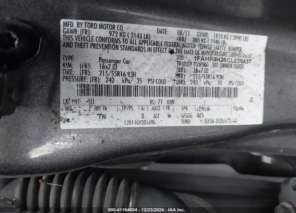 2012 FORD FOCUS VIN: 1FAHP3H26CL239437