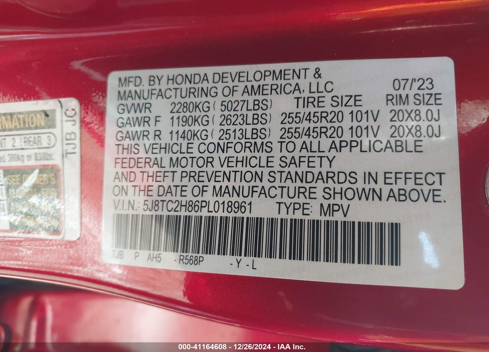 2023 ACURA RDX VIN: 5J8TC2H86PL018961