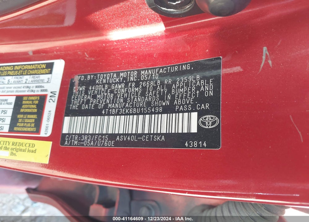 2011 TOYOTA CAMRY SE VIN: 4T1BF3EK6BU155498