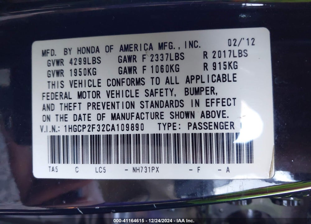 2012 HONDA ACCORD 2.4 LX VIN: 1HGCP2F32CA109890
