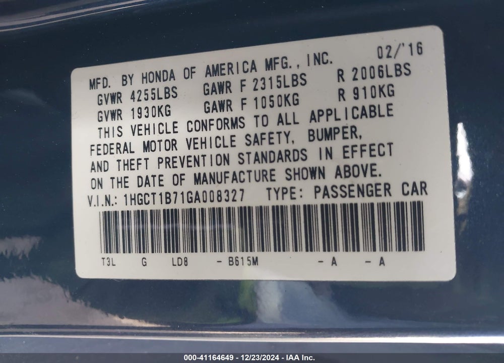 2016 HONDA ACCORD VIN: 1HGCT1B71GA008327