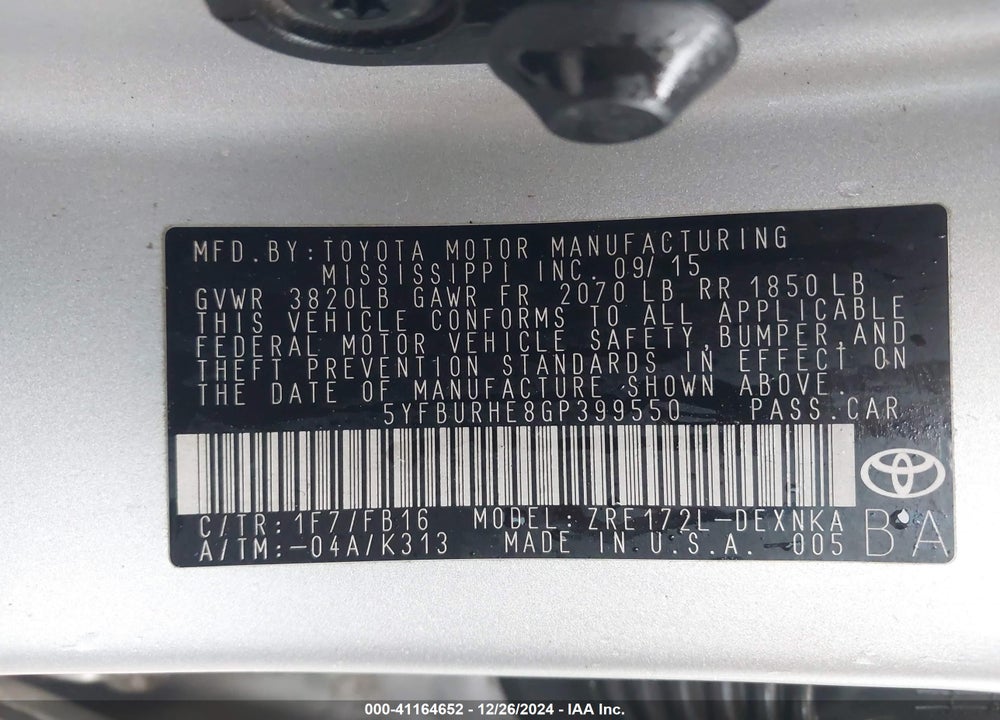 2016 TOYOTA COROLLA VIN: 5YFBURHE8GP399550