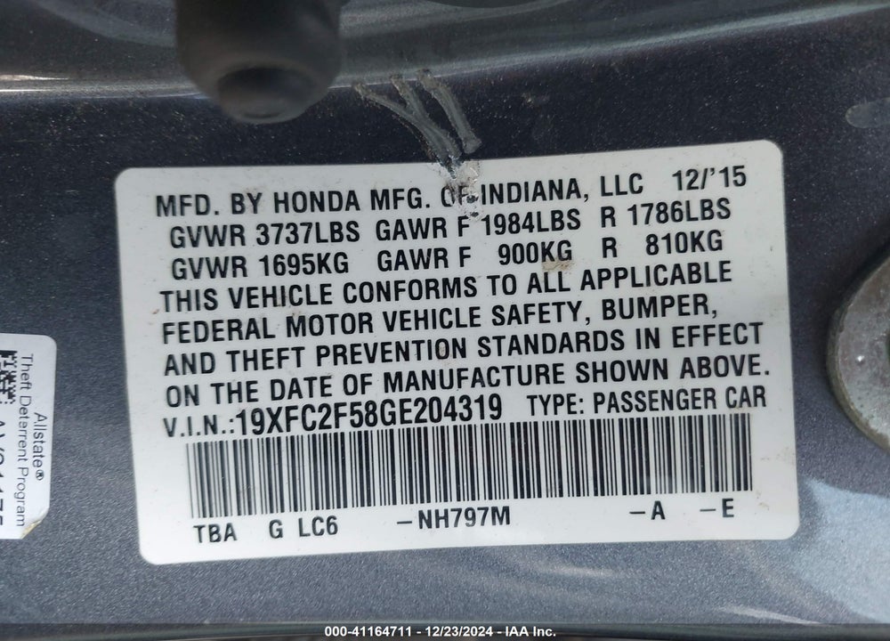 2016 HONDA CIVIC VIN: 19XFC2F58GE204319