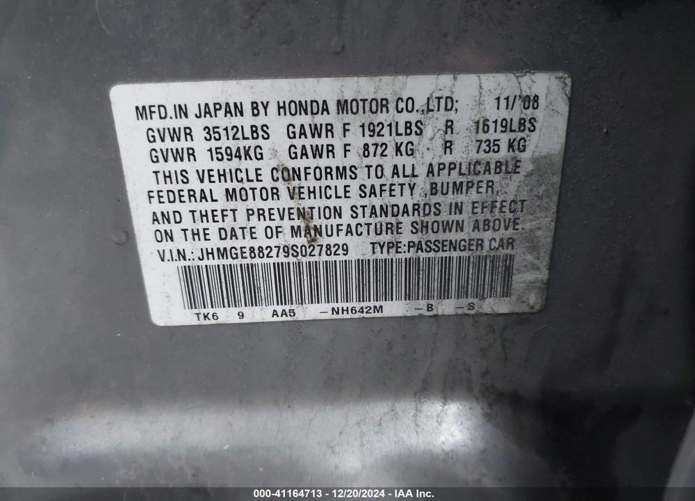 2009 HONDA FIT VIN: JHMGE88279S027829