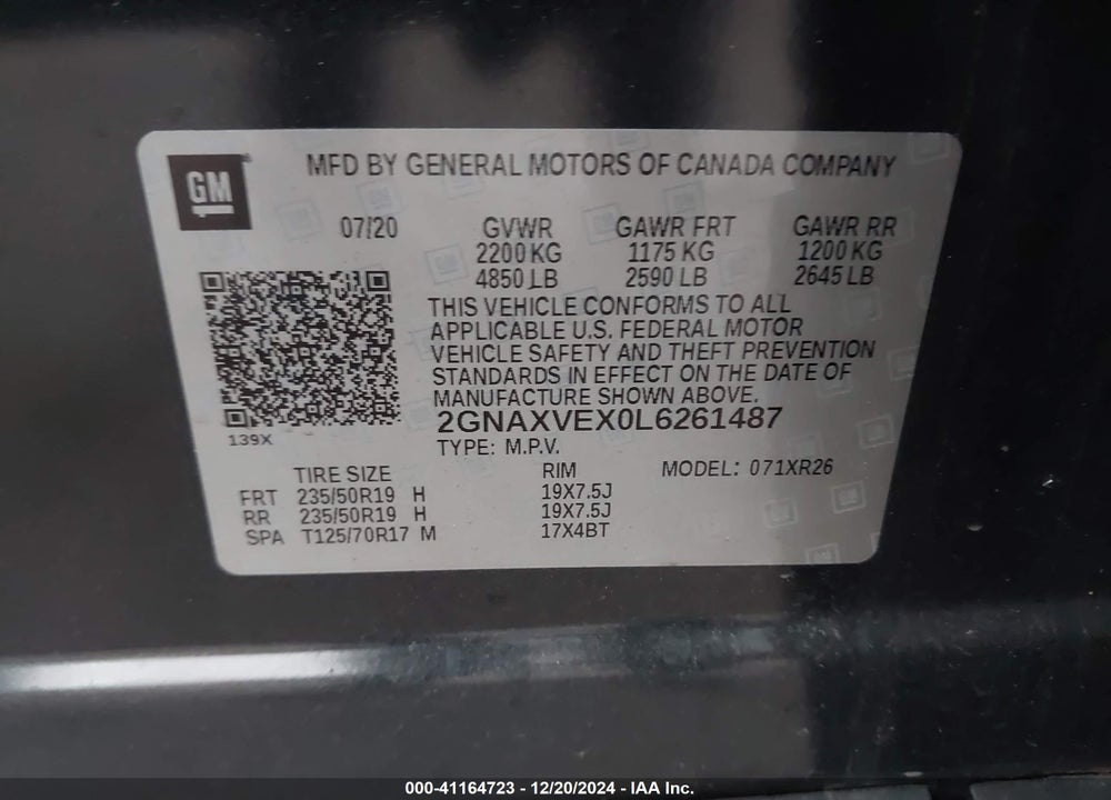 2020 CHEVROLET EQUINOX AWD LT 2.0L TURBO VIN: 2GNAXVEX0L6261487
