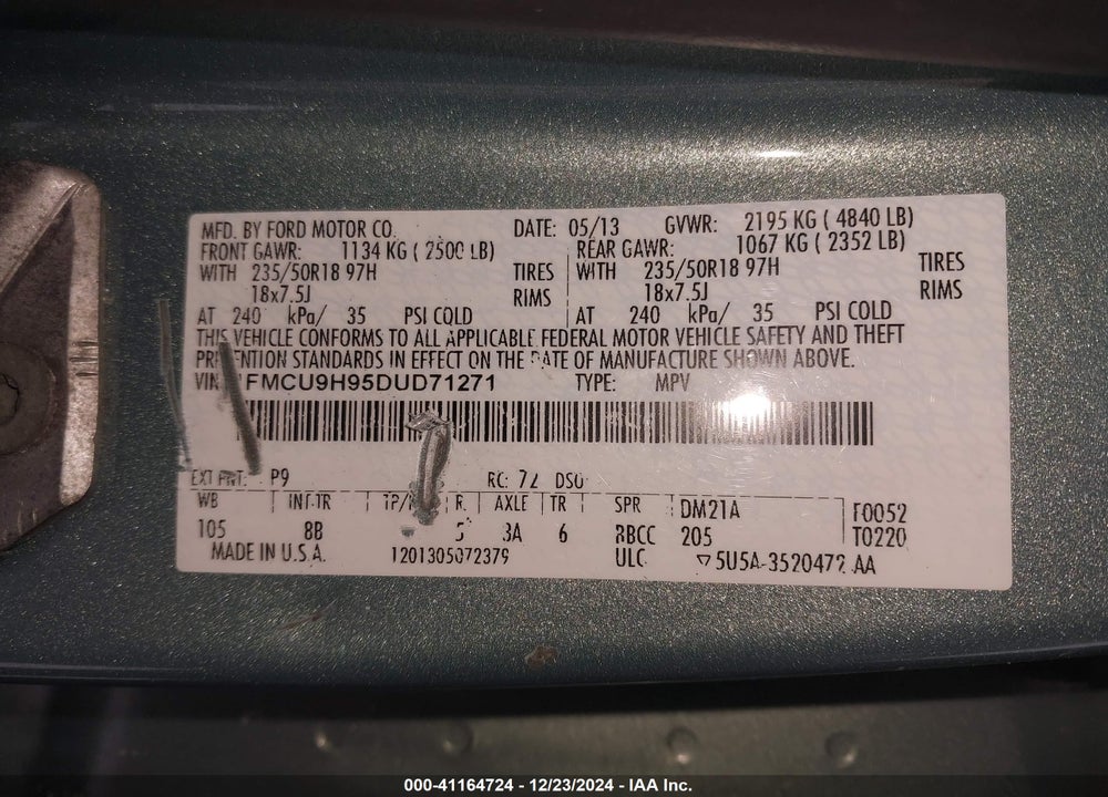 2013 FORD ESCAPE SEL VIN: 1FMCU9H95DUD71271