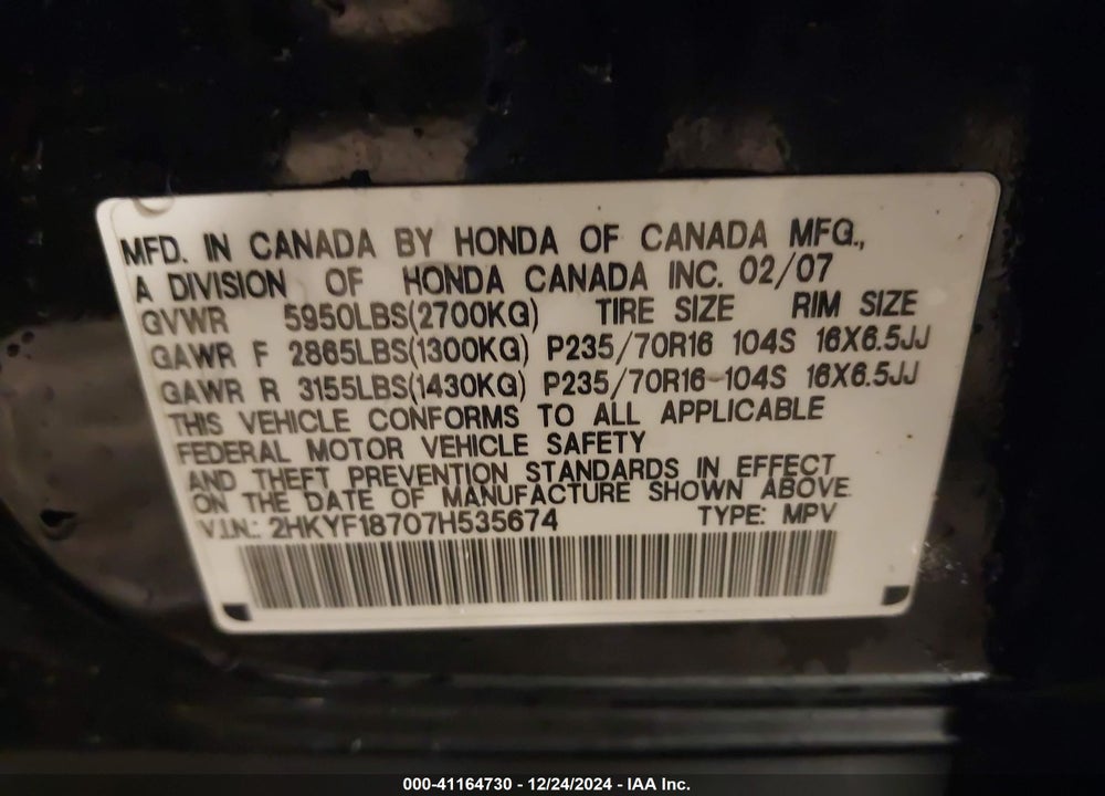 2007 HONDA PILOT EX-L VIN: 2HKYF18707H535674
