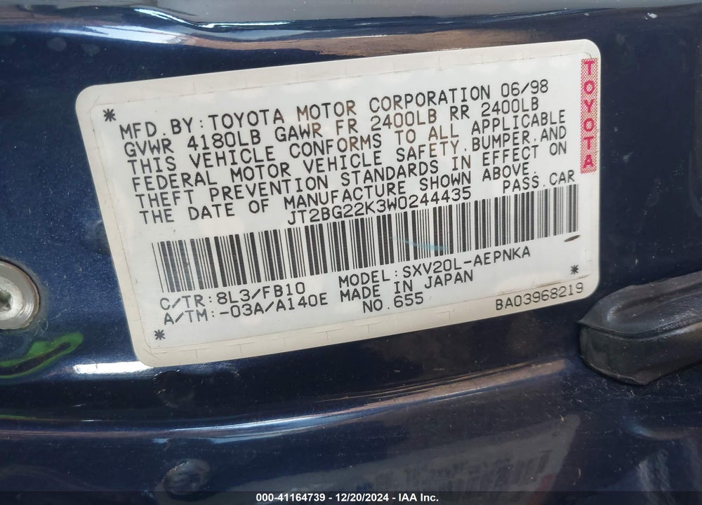 1998 TOYOTA CAMRY LE VIN: JT2BG22K3W0244435