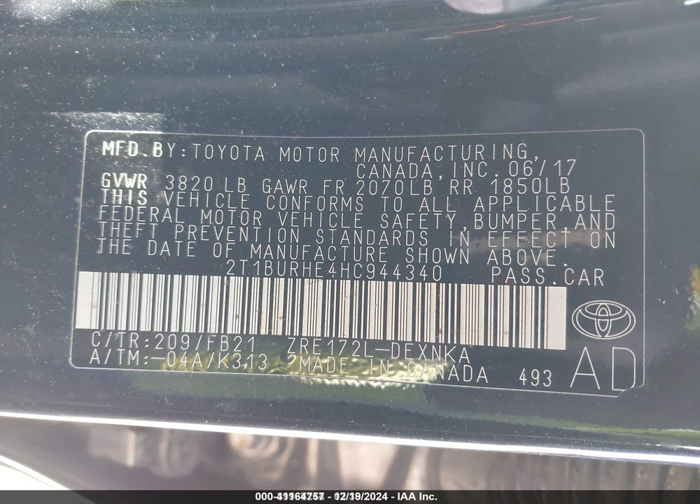 2017 TOYOTA COROLLA VIN: 2T1BURHE4HC944340