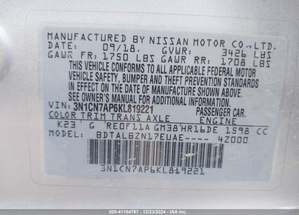 2019 NISSAN VERSA 1.6 SV VIN: 3N1CN7AP6KL819221