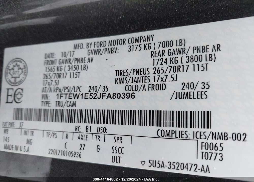 2018 FORD F-150 VIN: 1FTEW1E52JFA80396