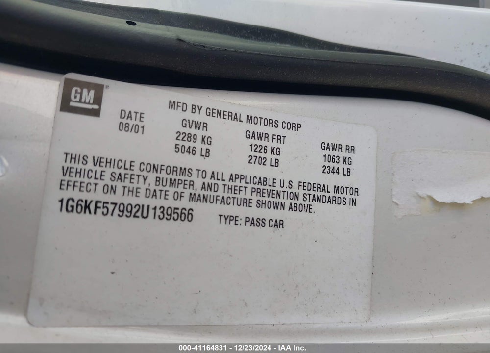 2002 CADILLAC DEVILLE DTS VIN: 1G6KF57992U139566