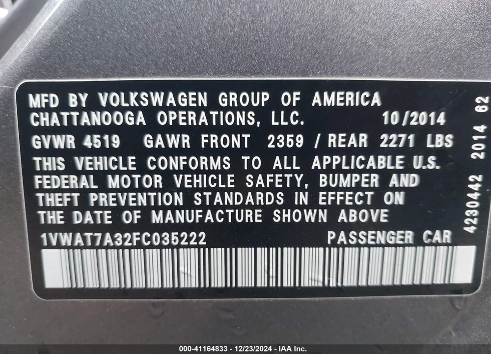 2015 VOLKSWAGEN PASSAT VIN: 1VWAT7A32FC035222