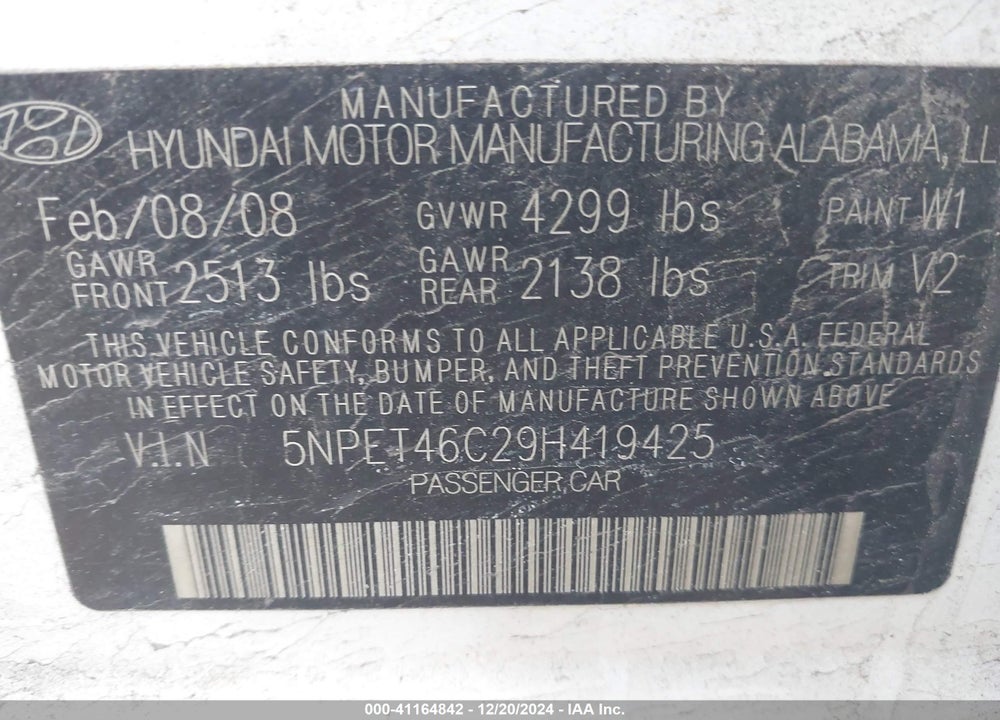 2009 HYUNDAI SONATA GLS VIN: 5NPET46C29H419425