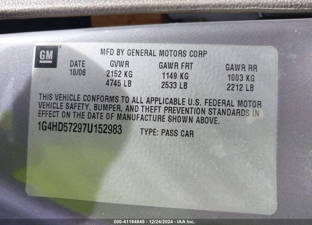 2007 BUICK LUCERNE CXL VIN: 1G4HD57297U152983