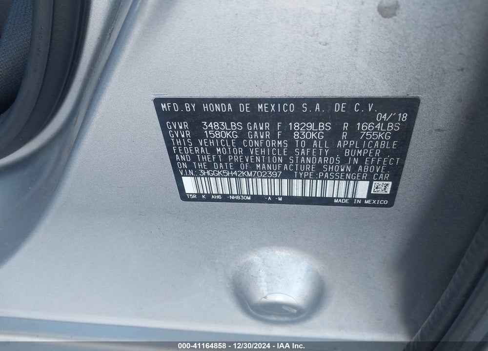 2019 HONDA FIT LX VIN: 3HGGK5H42KM702397