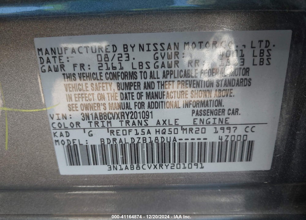 2024 NISSAN SENTRA SV XTRONIC CVT VIN: 3N1AB8CVXRY201091