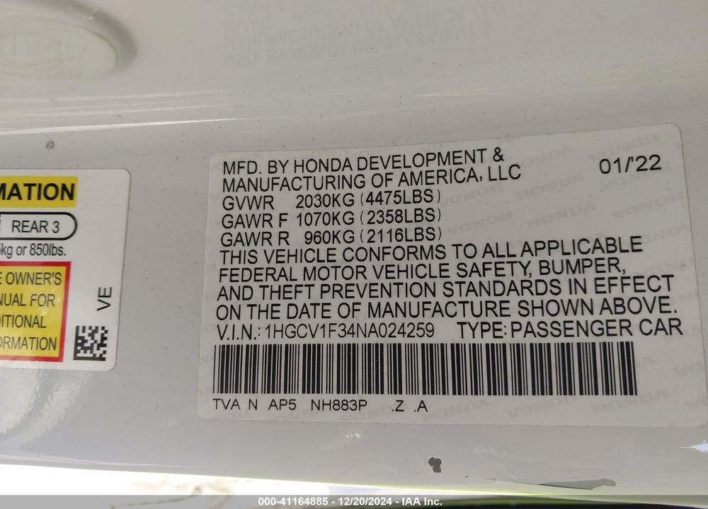 2022 HONDA ACCORD VIN: 1HGCV1F34NA024259