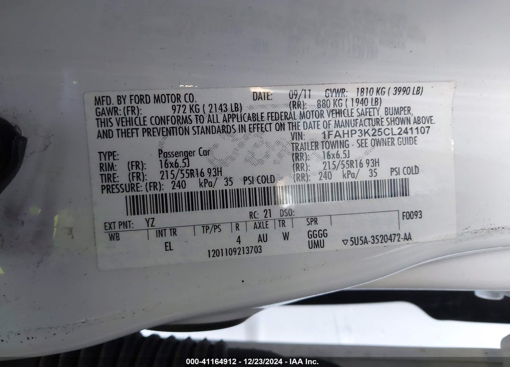 2012 FORD FOCUS SE VIN: 1FAHP3K25CL241107