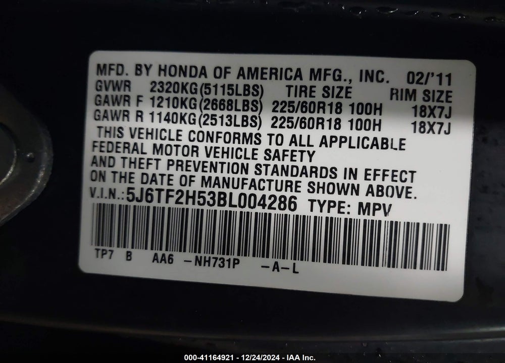 2011 HONDA ACCORD CROSSTOUR EX-L VIN: 5J6TF2H53BL004286