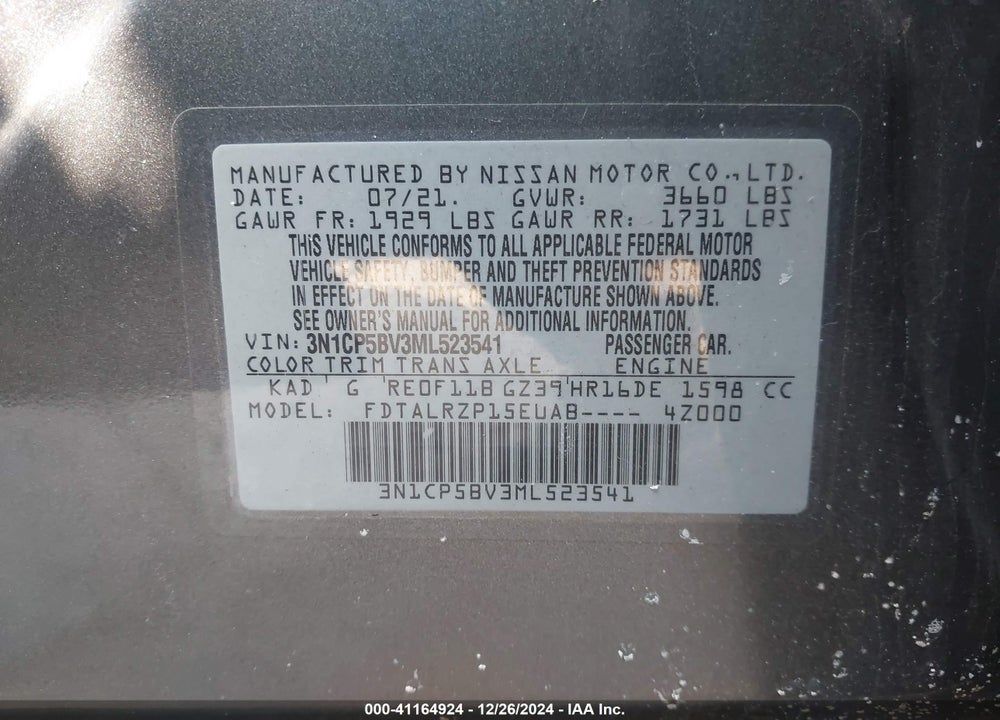 2021 NISSAN KICKS S XTRONIC CVT VIN: 3N1CP5BV3ML523541