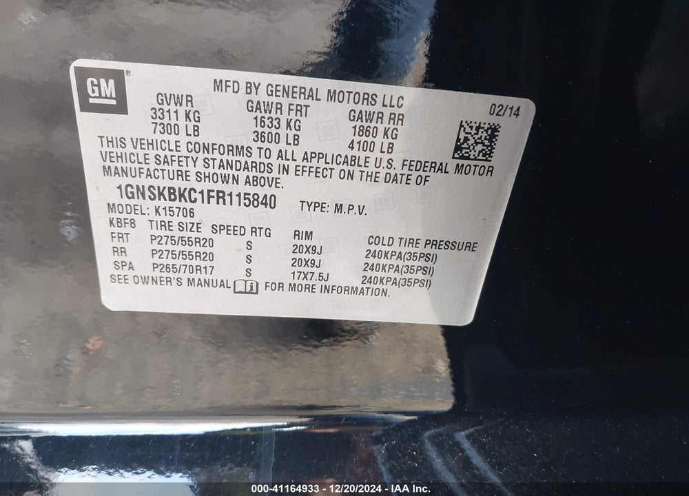 2015 CHEVROLET TAHOE LT VIN: 1GNSKBKC1FR115840