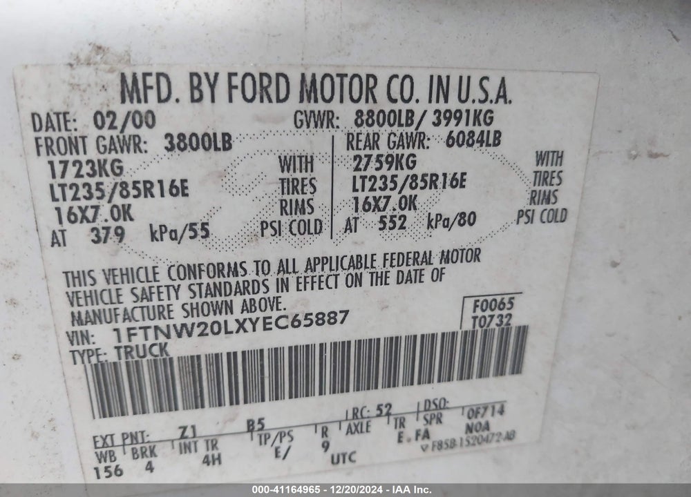 2000 FORD F-250 LARIAT/XL/XLT VIN: 1FTNW20LXYEC65887