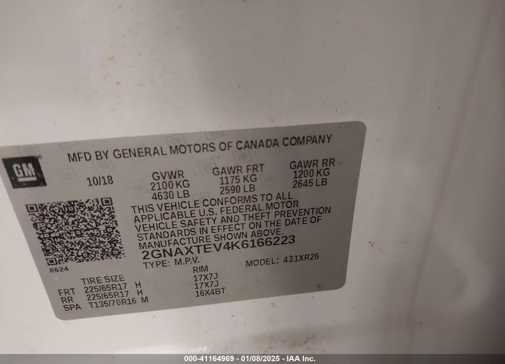 2019 CHEVROLET EQUINOX LT VIN: 2GNAXTEV4K6166223