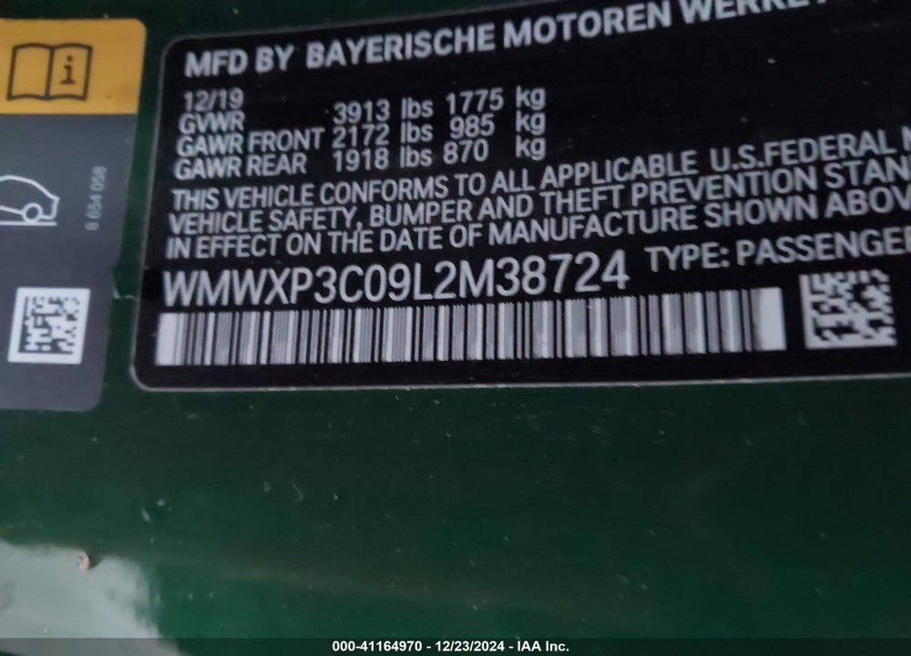 2020 MINI SE HARDTOP COOPER VIN: WMWXP3C09L2M38724