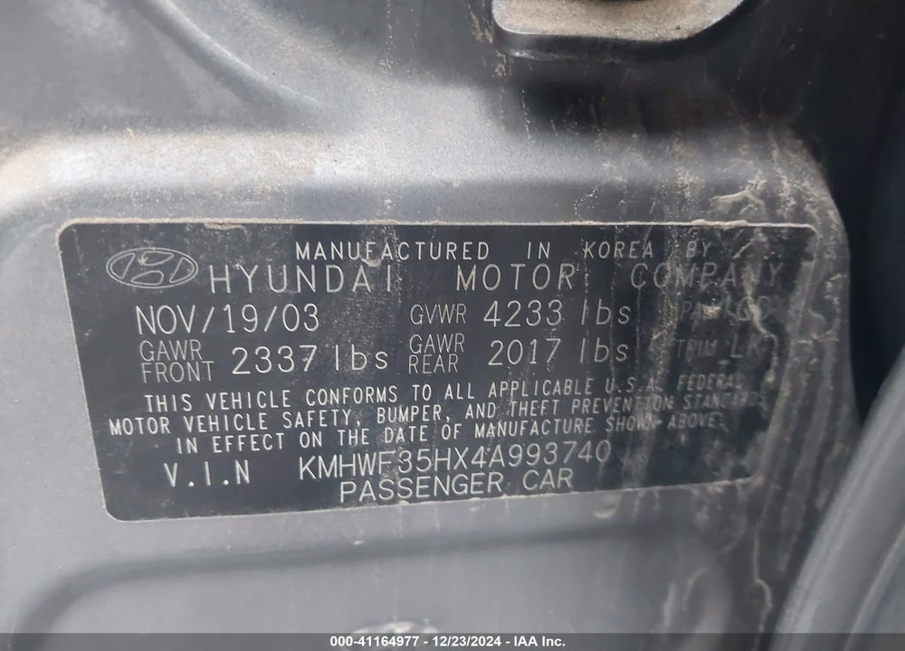 2004 HYUNDAI SONATA GLS/LX VIN: KMHWF35HX4A993740