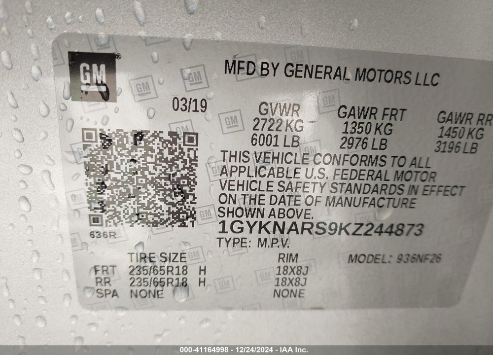 2019 CADILLAC XT5 VIN: 1GYKNARS9KZ244873
