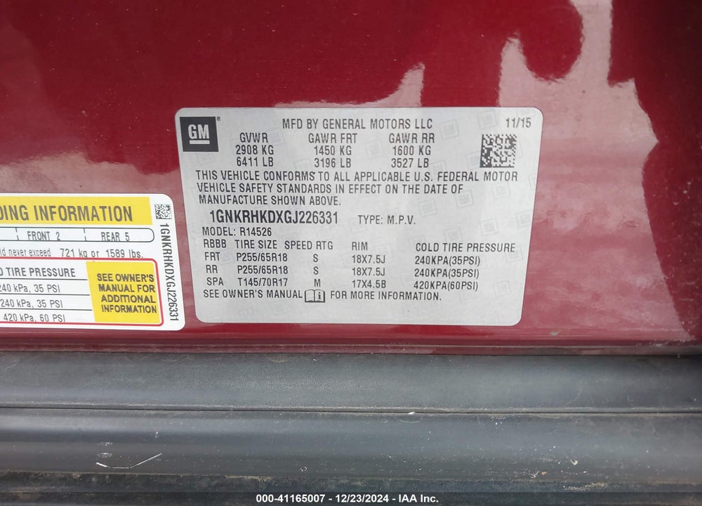 2016 CHEVROLET TRAVERSE 2LT VIN: 1GNKRHKDXGJ226331