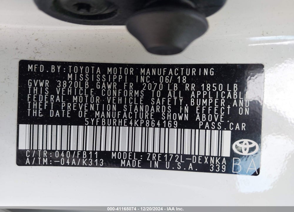 2019 TOYOTA COROLLA VIN: 5YFBURHE4KP864169
